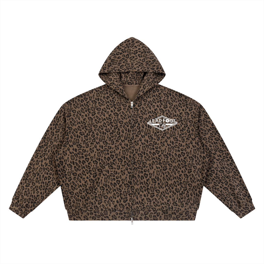 Unisex Leopard Print Waffle Full Zip Hoodie