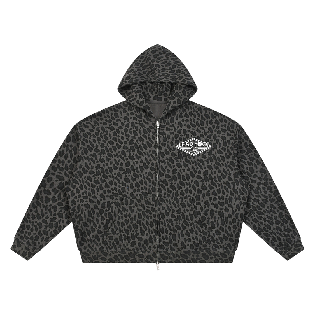 Unisex Leopard Print Waffle Full Zip Hoodie