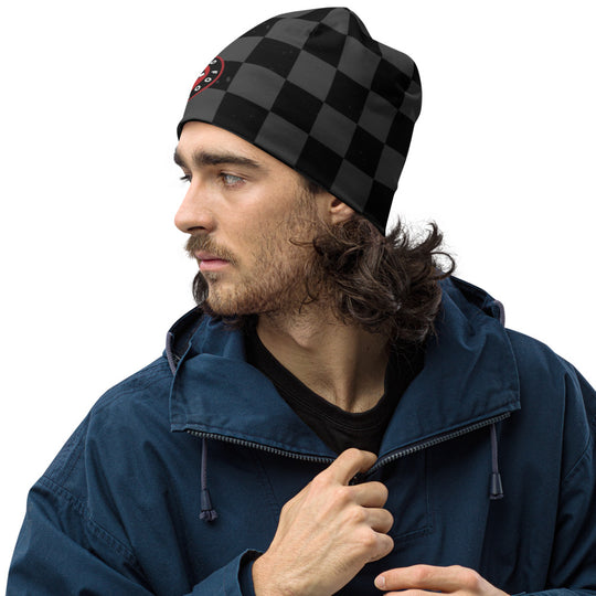 Charcoal Checkered Beanie with full color Lead Foot City Royal Flag