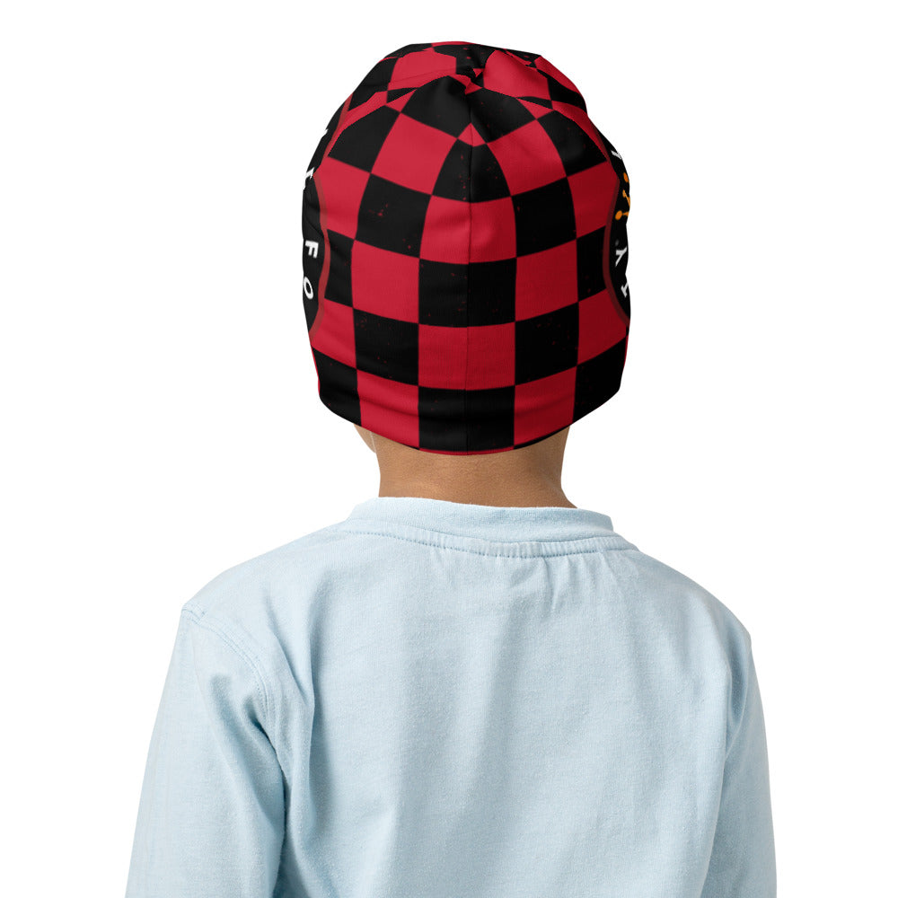 All-Over Print Kids Beanie with Red Checkered Lead Foot City Royal Flag