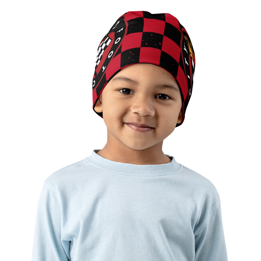 All-Over Print Kids Beanie with Red Checkered Lead Foot City Royal Flag