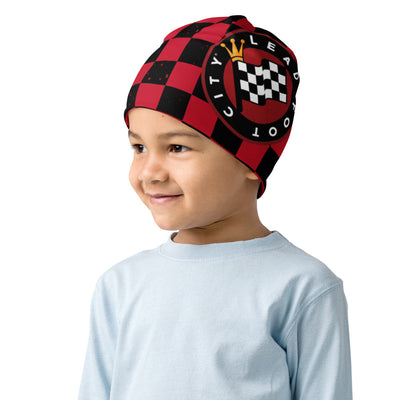 All-Over Print Kids Beanie with Red Checkered Lead Foot City Royal Flag