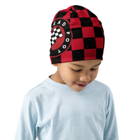 All-Over Print Kids Beanie with Red Checkered Lead Foot City Royal Flag