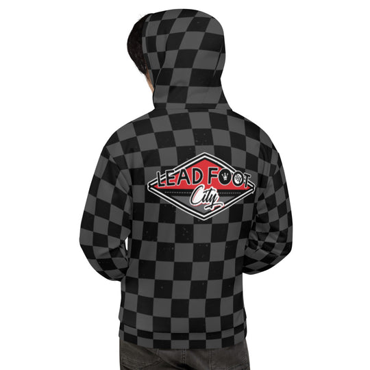 Unisex Hoodie with Charcoal Checkered Lead Foot City Badging