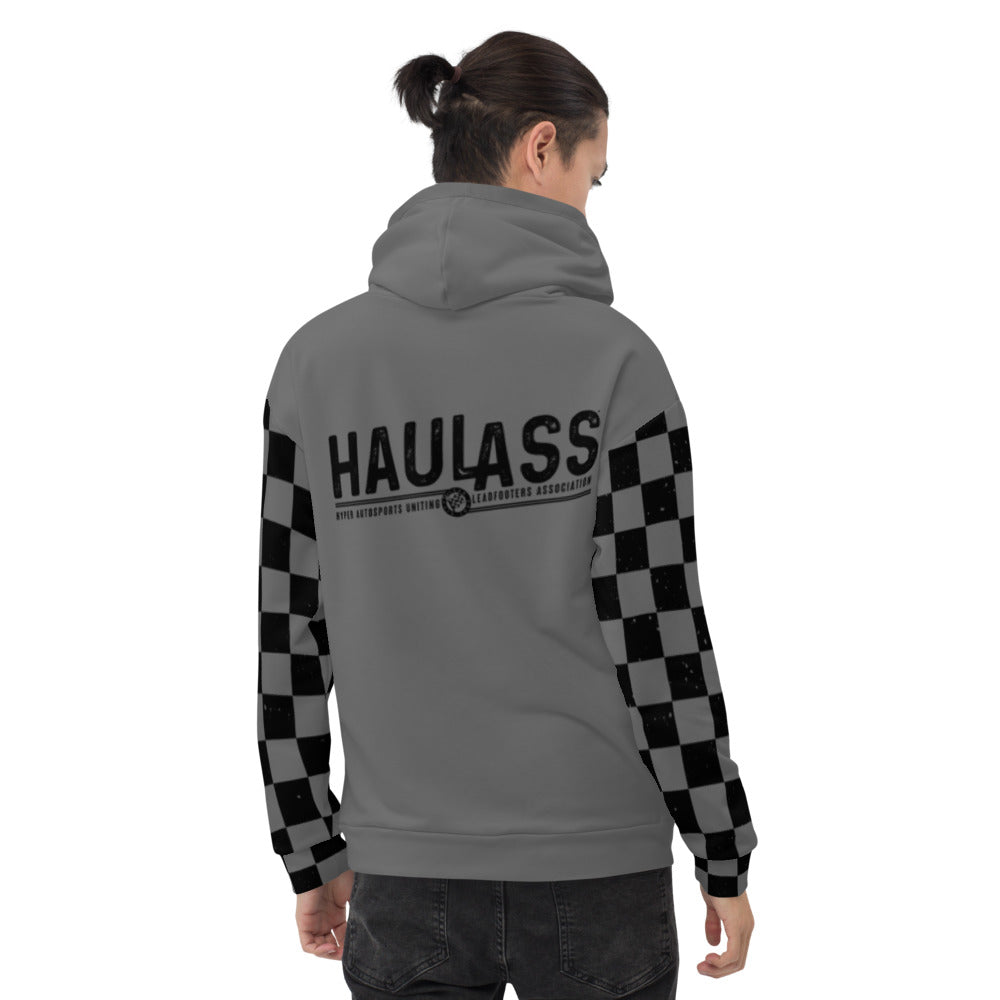 Unisex Gray Hoodie with Checkered arms from the HAUL Ass-ociation