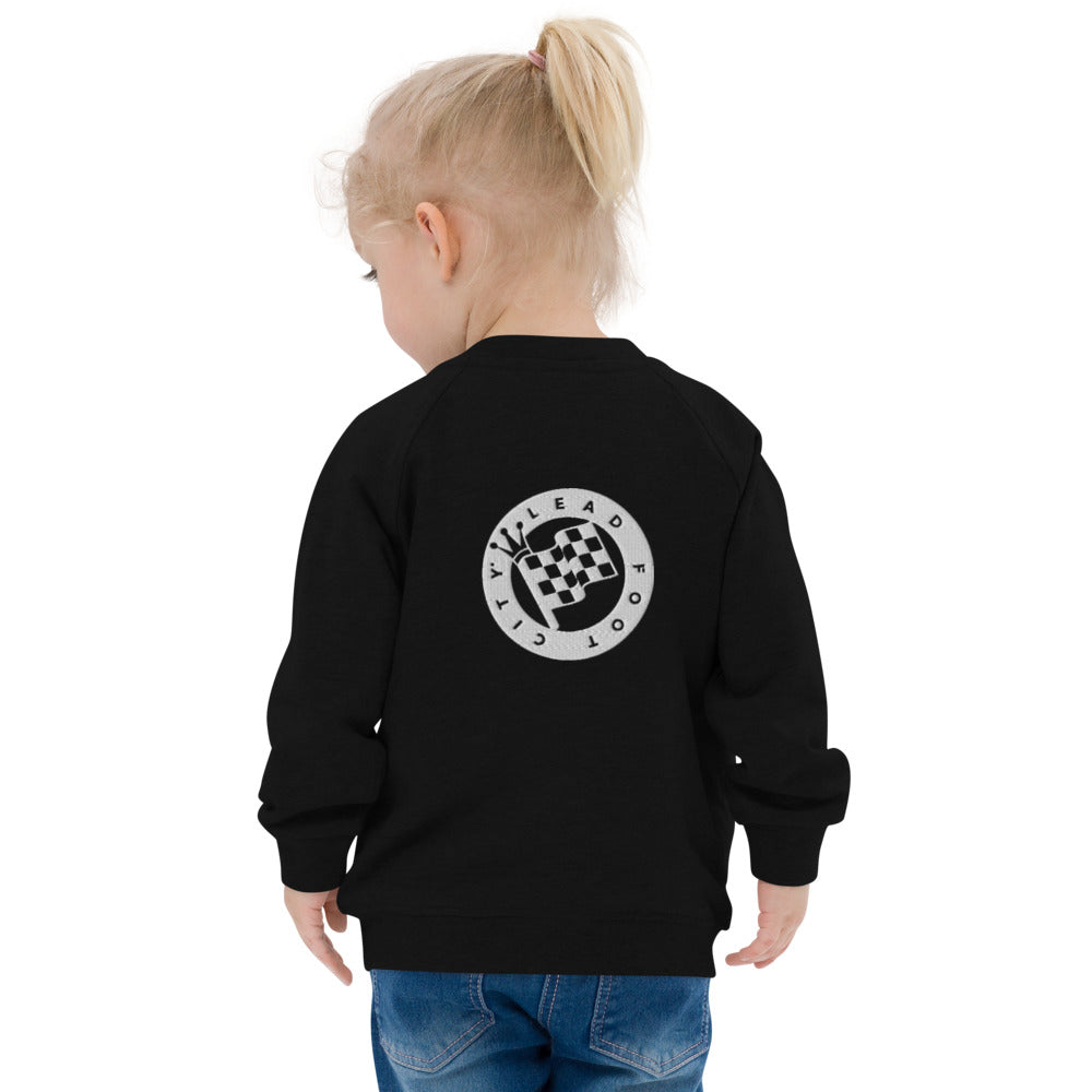 Baby Organic Bomber Jacket with the Lead Foot City Royal Flag