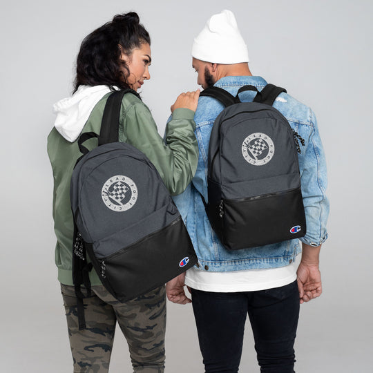 Embroidered Champion Backpack with the Lead Foot City Royal Flag