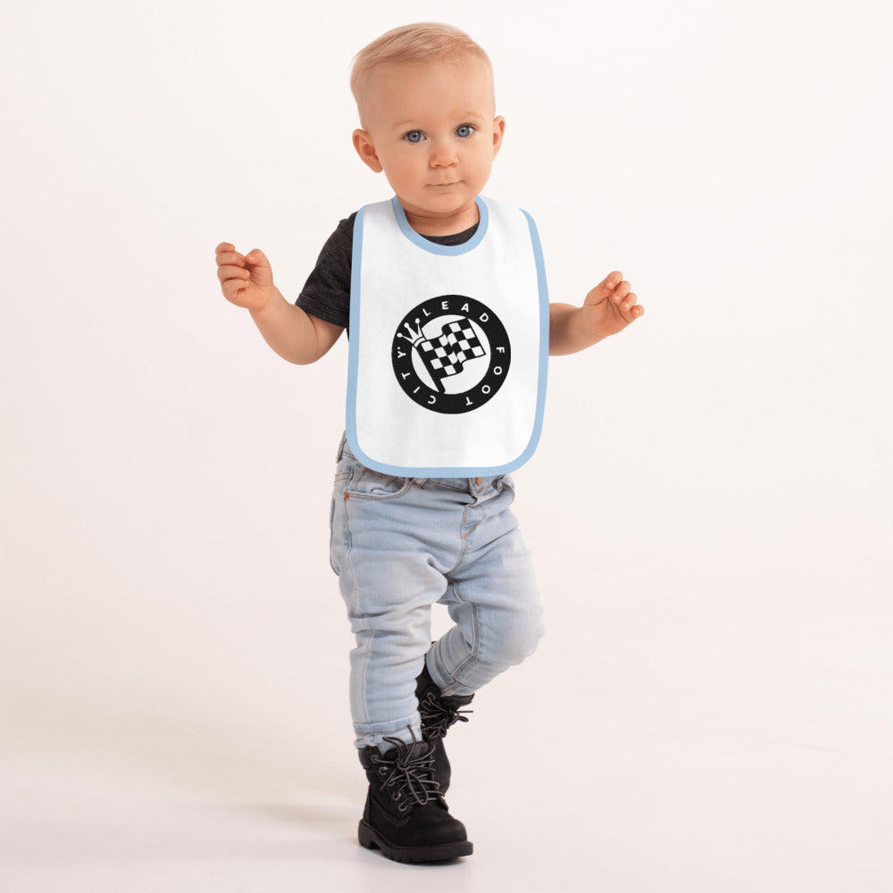 Embroidered Baby Bib with the Lead Foot City Royal Flag