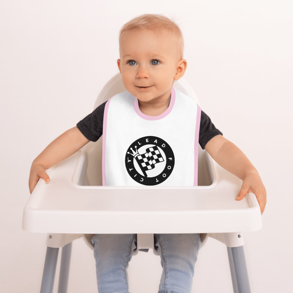 Embroidered Baby Bib with the Lead Foot City Royal Flag