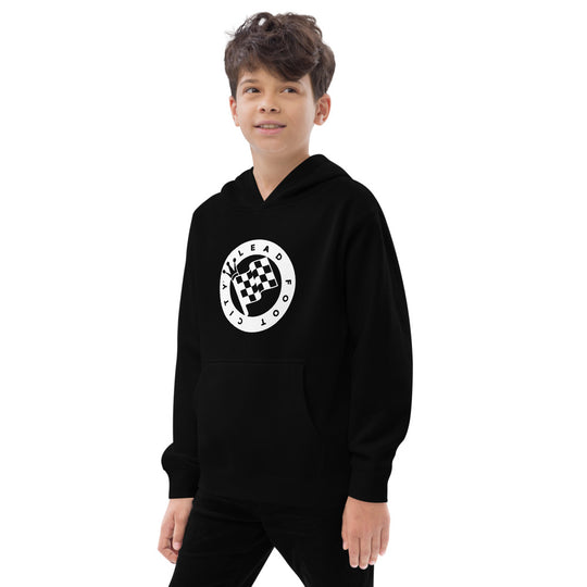 Kids fleece hoodie with the Lead Foot City Royal Flag