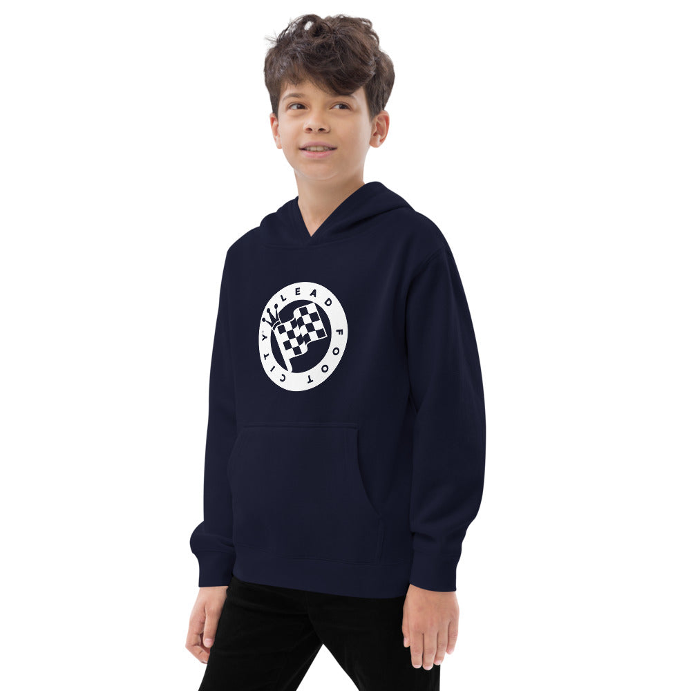 Kids fleece hoodie with the Lead Foot City Royal Flag