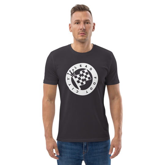 Unisex organic cotton t-shirt with Lead Foot City Royal Flag