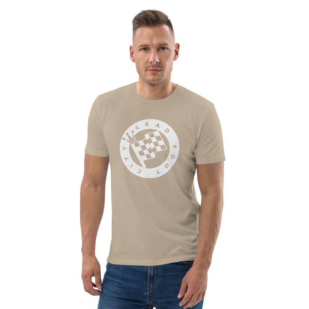 Unisex organic cotton t-shirt with Lead Foot City Royal Flag