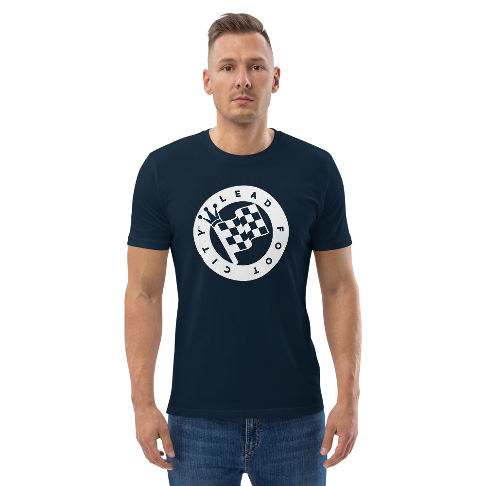 Unisex organic cotton t-shirt with Lead Foot City Royal Flag