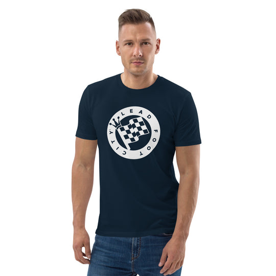 Unisex organic cotton t-shirt with Lead Foot City Royal Flag