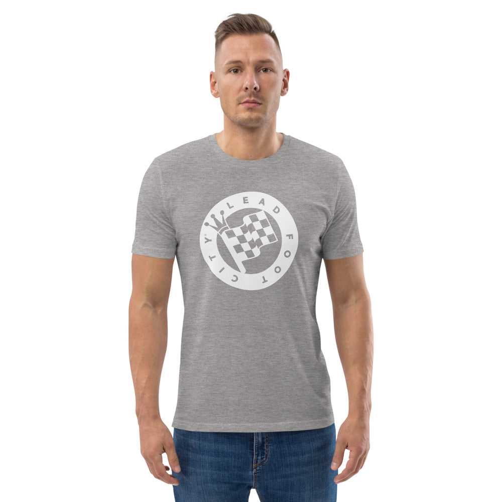 Unisex organic cotton t-shirt with Lead Foot City Royal Flag