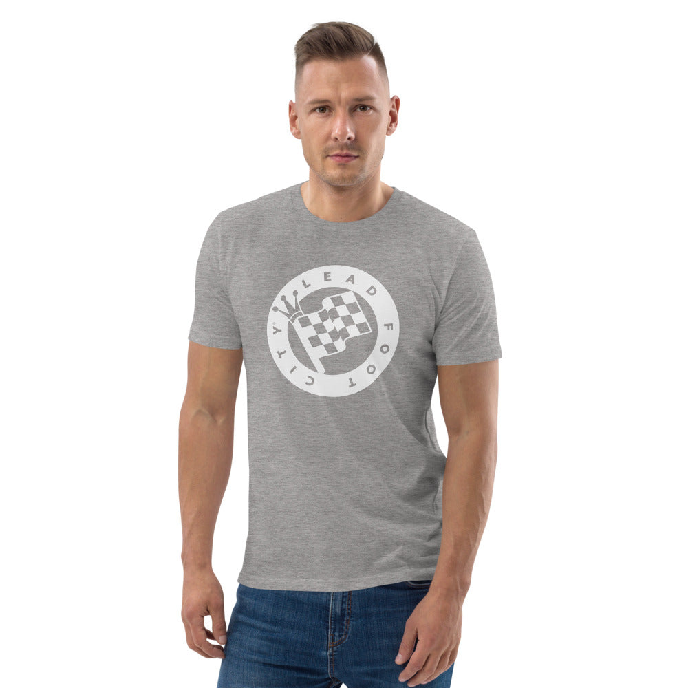 Unisex organic cotton t-shirt with Lead Foot City Royal Flag