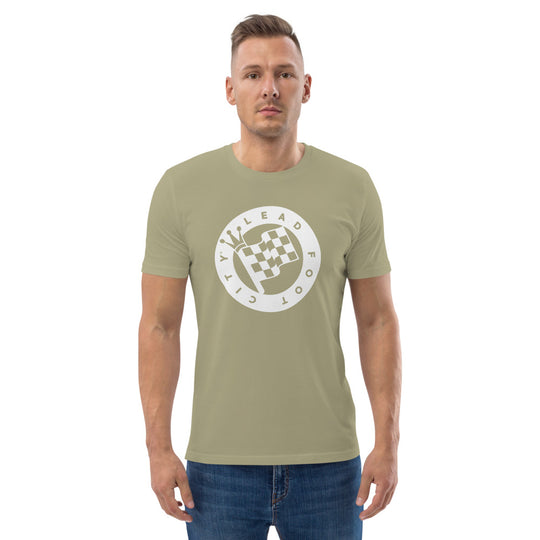 Unisex organic cotton t-shirt with Lead Foot City Royal Flag