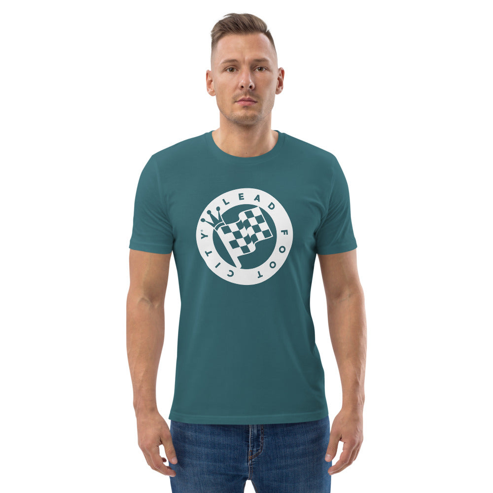 Unisex organic cotton t-shirt with Lead Foot City Royal Flag