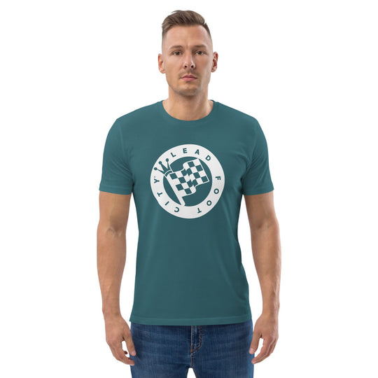 Unisex organic cotton t-shirt with Lead Foot City Royal Flag