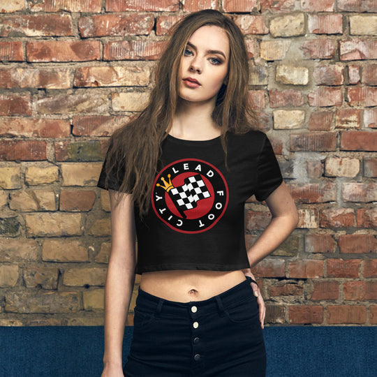 Women’s Crop Tee with full color Lead Foot City Royal Flag