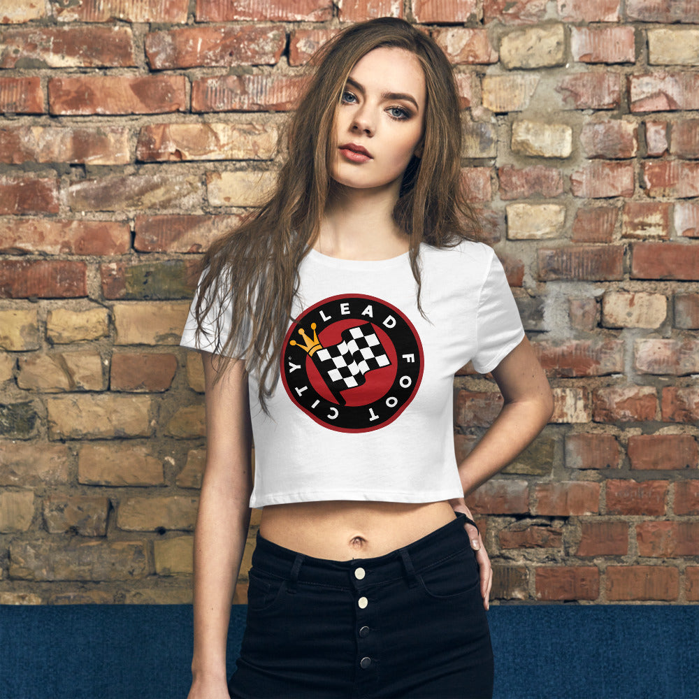 Women’s Crop Tee with full color Lead Foot City Royal Flag