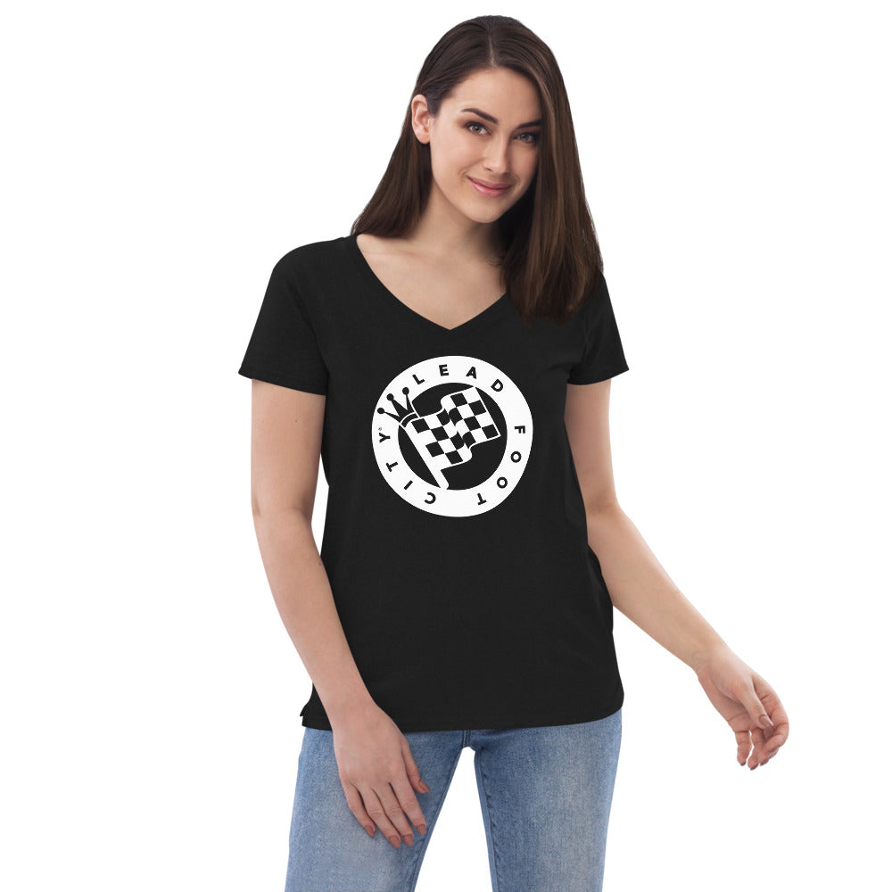 Women’s recycled v-neck t-shirt with Lead Foot City Royal Flag