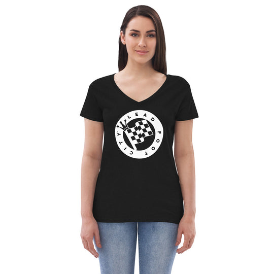 Women’s recycled v-neck t-shirt with Lead Foot City Royal Flag