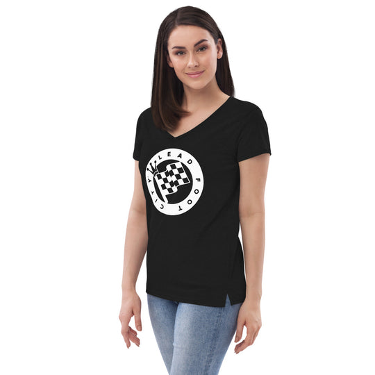 Women’s recycled v-neck t-shirt with Lead Foot City Royal Flag