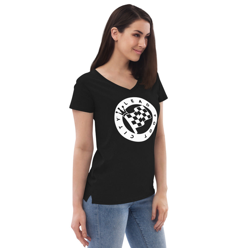 Women’s recycled v-neck t-shirt with Lead Foot City Royal Flag