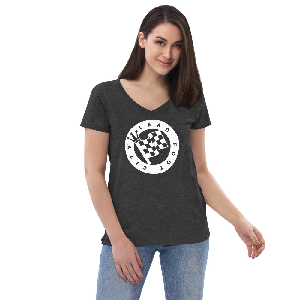 Women’s recycled v-neck t-shirt with Lead Foot City Royal Flag