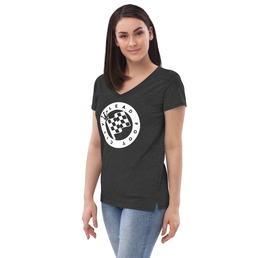 Women’s recycled v-neck t-shirt with Lead Foot City Royal Flag