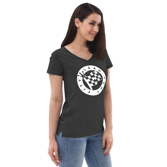 Women’s recycled v-neck t-shirt with Lead Foot City Royal Flag