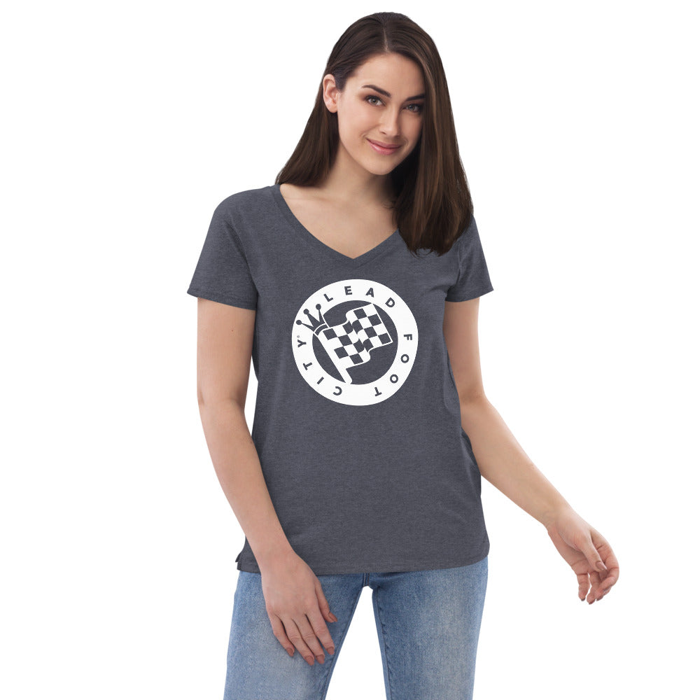 Women’s recycled v-neck t-shirt with Lead Foot City Royal Flag