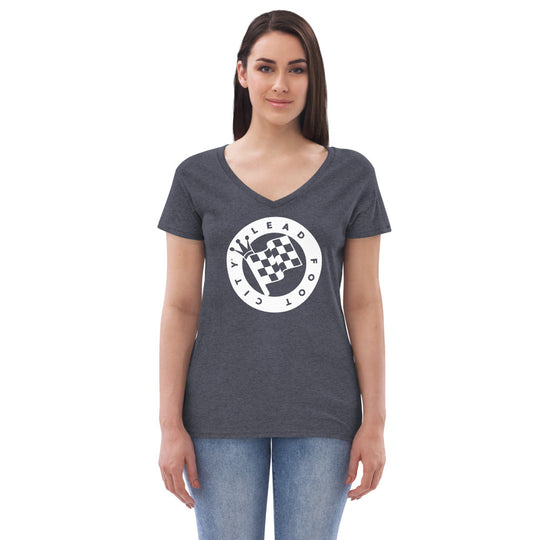 Women’s recycled v-neck t-shirt with Lead Foot City Royal Flag