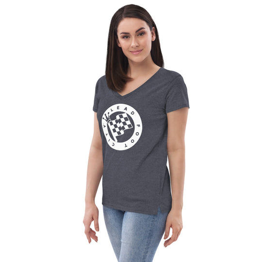 Women’s recycled v-neck t-shirt with Lead Foot City Royal Flag